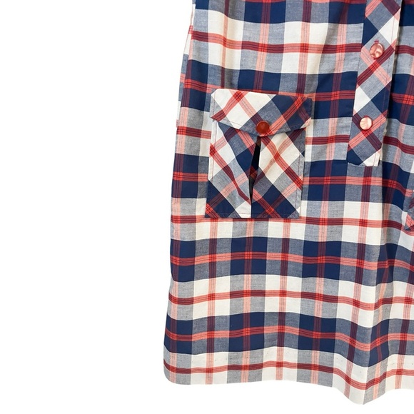 Vintage 60’s Blue Orange Plaid Sleeveless Button Down Shift House Dress - Picture 4 of 11
